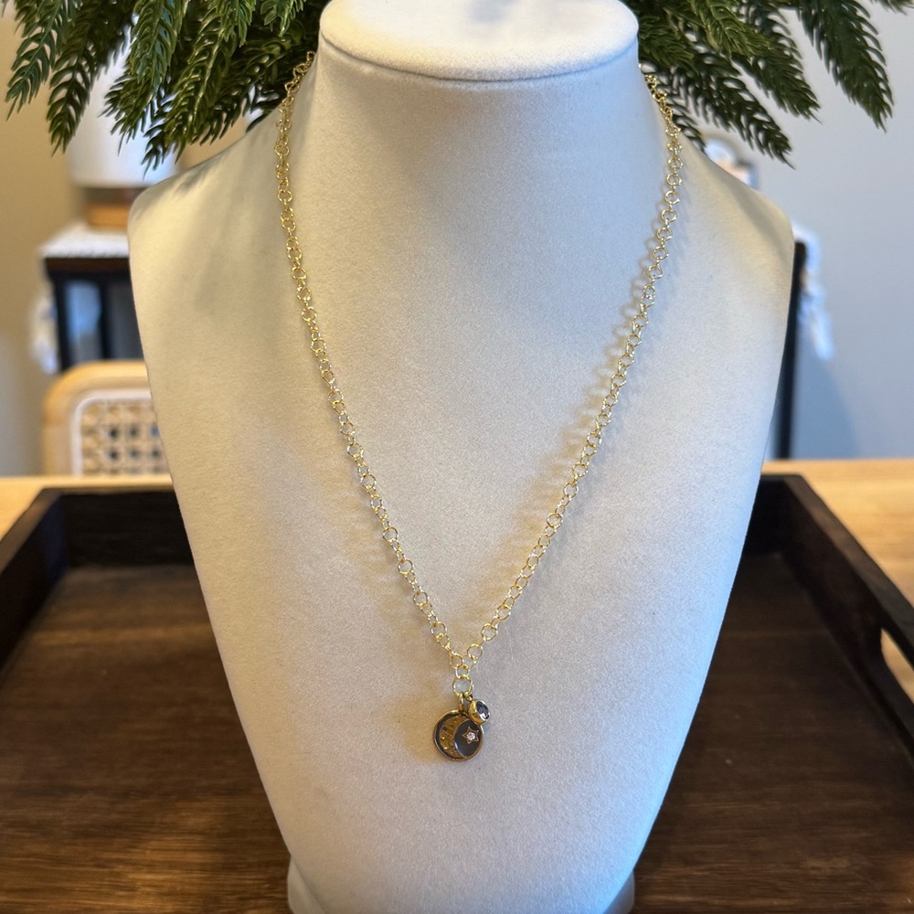 Gold Celestial Amber Charm Necklace Star Medallion Pendant Layering Chain